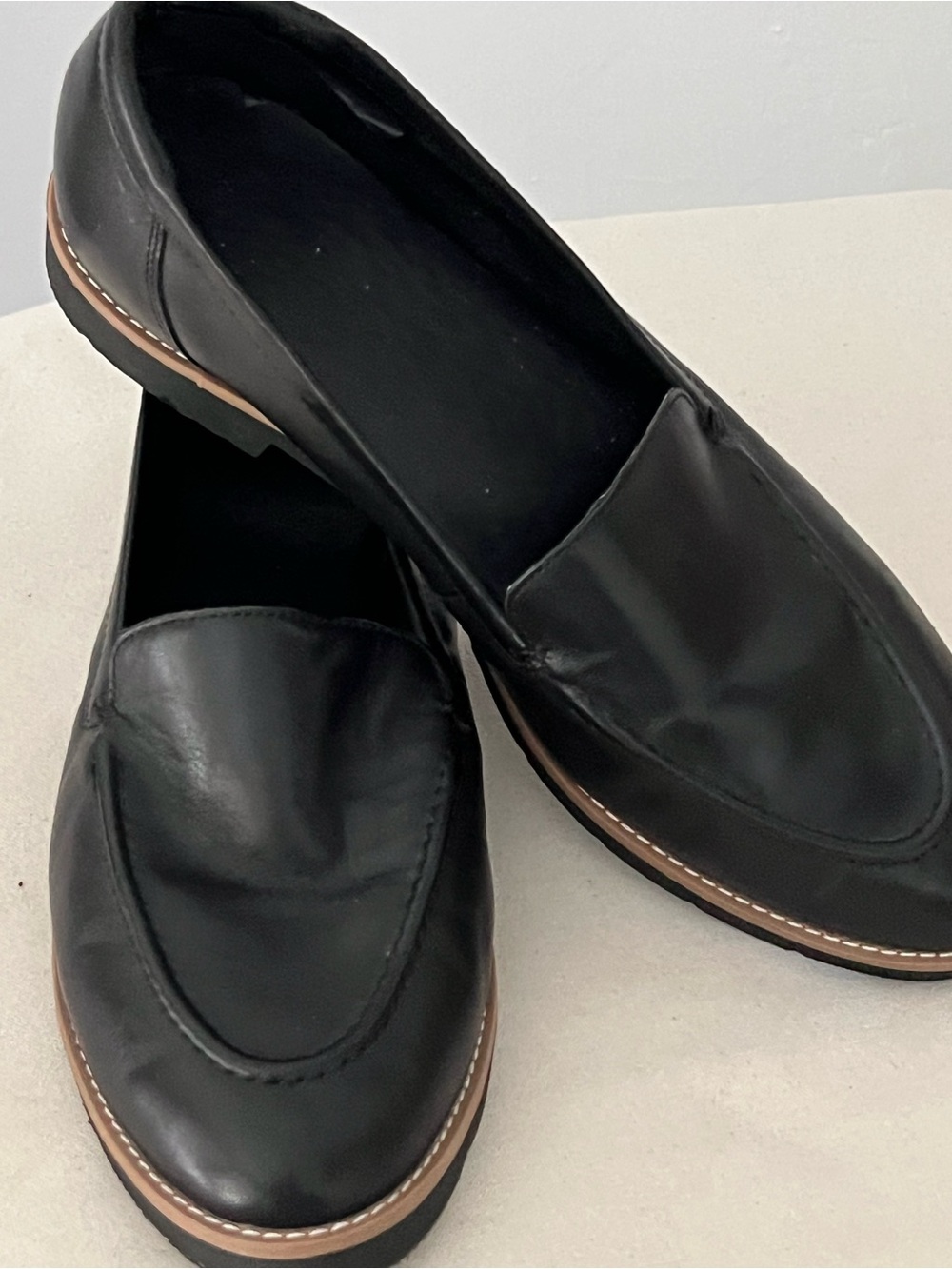 Aldo Black Leather Slip-On Loafers with Tan Welt